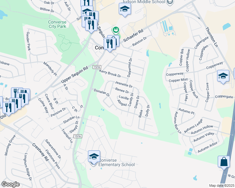 map of restaurants, bars, coffee shops, grocery stores, and more near 406 Abigail in Converse
