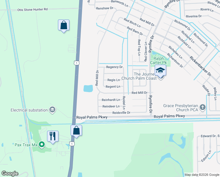 map of restaurants, bars, coffee shops, grocery stores, and more near 38 Red Mill Drive in Palm Coast
