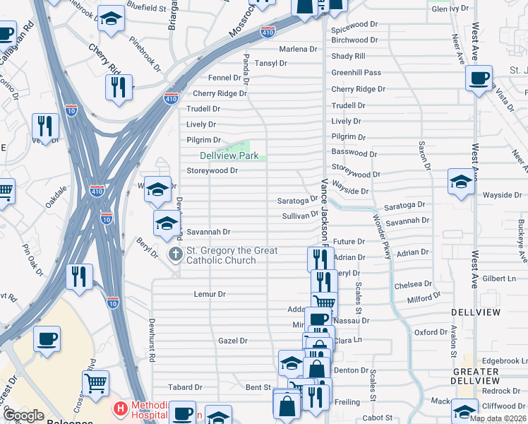 map of restaurants, bars, coffee shops, grocery stores, and more near 214 Sullivan Drive in San Antonio