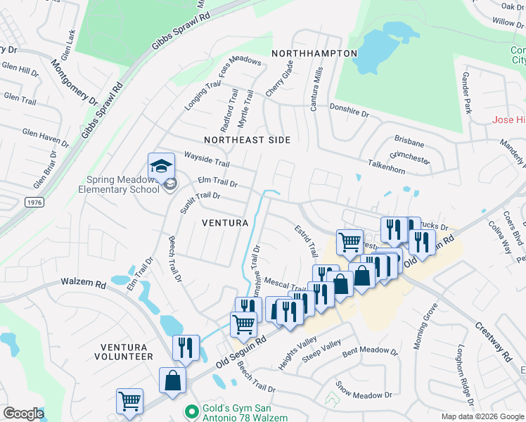 map of restaurants, bars, coffee shops, grocery stores, and more near 7302 Estrid Trail in San Antonio
