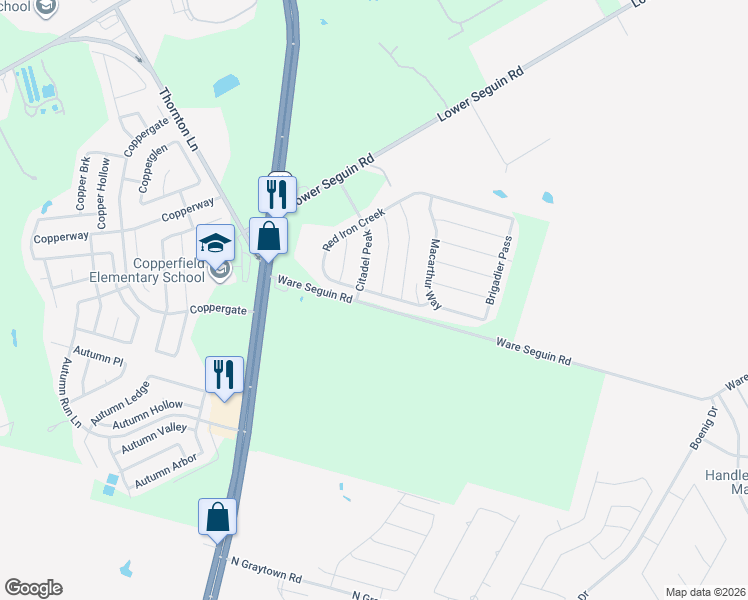 map of restaurants, bars, coffee shops, grocery stores, and more near 10303 Red Iron Creek in Converse