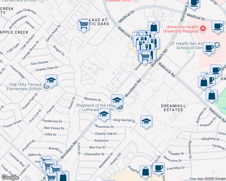 map of restaurants, bars, coffee shops, grocery stores, and more near 7043 Tourant Road in San Antonio