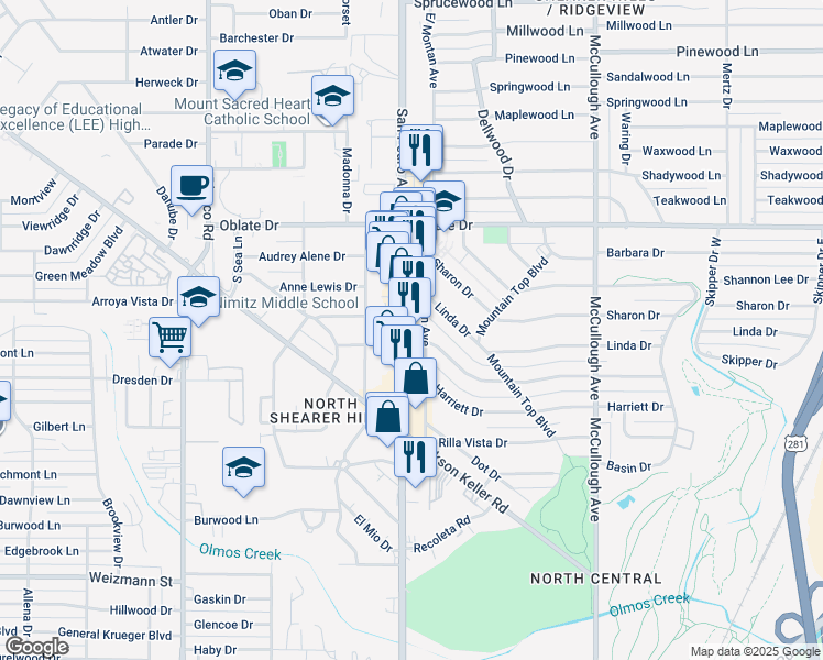 map of restaurants, bars, coffee shops, grocery stores, and more near 6700 San Pedro Avenue in San Antonio