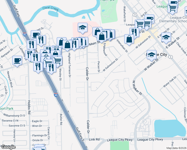 map of restaurants, bars, coffee shops, grocery stores, and more near 1009 Pecan Drive in League City