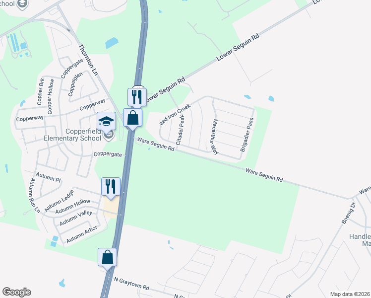 map of restaurants, bars, coffee shops, grocery stores, and more near 10303 Red Iron Creek in Converse