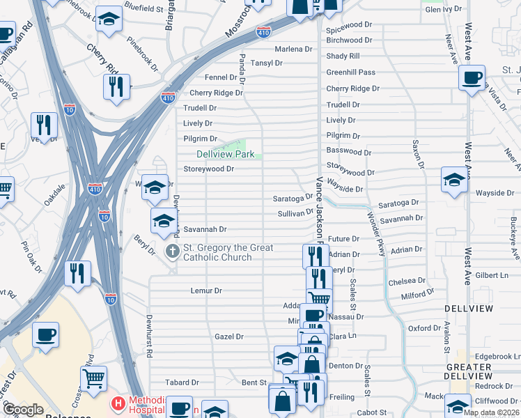map of restaurants, bars, coffee shops, grocery stores, and more near 214 Sullivan Drive in San Antonio