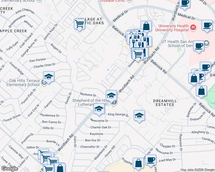map of restaurants, bars, coffee shops, grocery stores, and more near 7043 Tourant Road in San Antonio