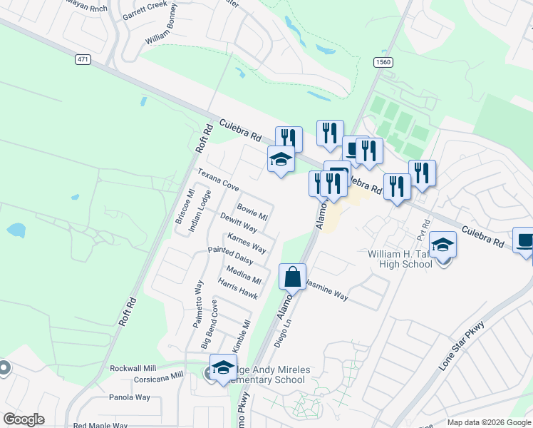 map of restaurants, bars, coffee shops, grocery stores, and more near 6806 Shamrock Way in San Antonio