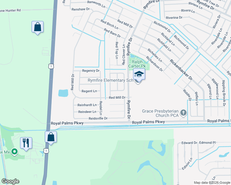 map of restaurants, bars, coffee shops, grocery stores, and more near 10 Red Mill Drive in Palm Coast
