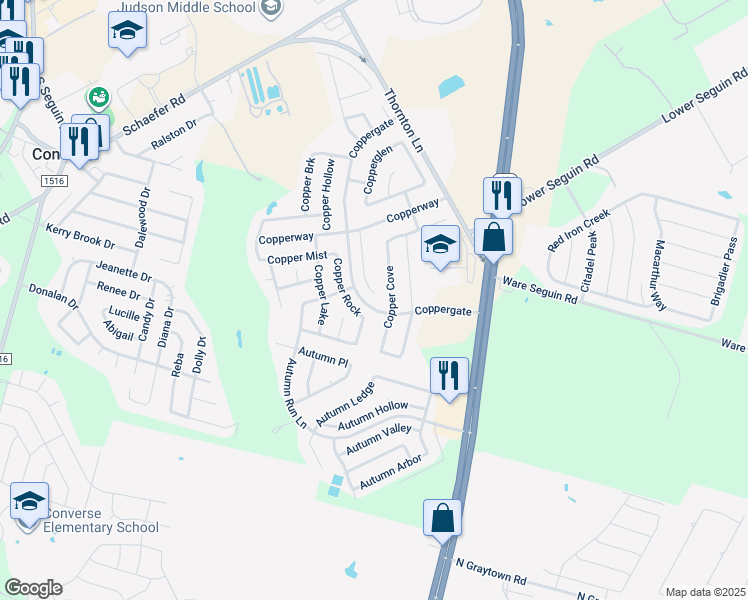map of restaurants, bars, coffee shops, grocery stores, and more near 7503 Copper Kettle Road in Converse