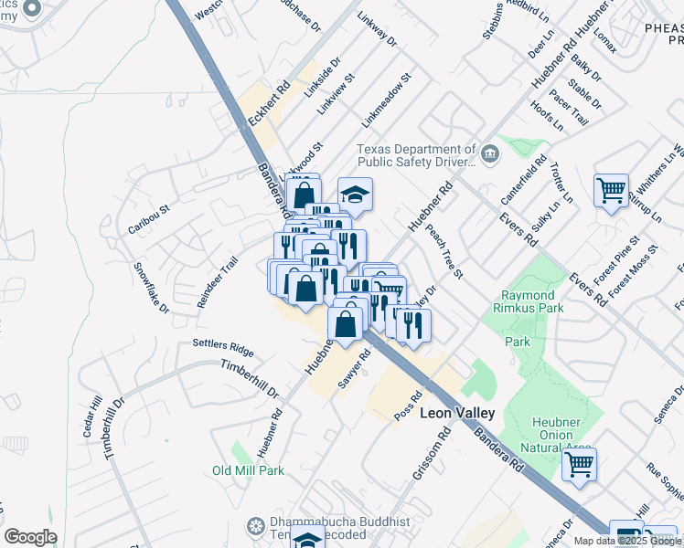 map of restaurants, bars, coffee shops, grocery stores, and more near 7007 Bandera Road in San Antonio