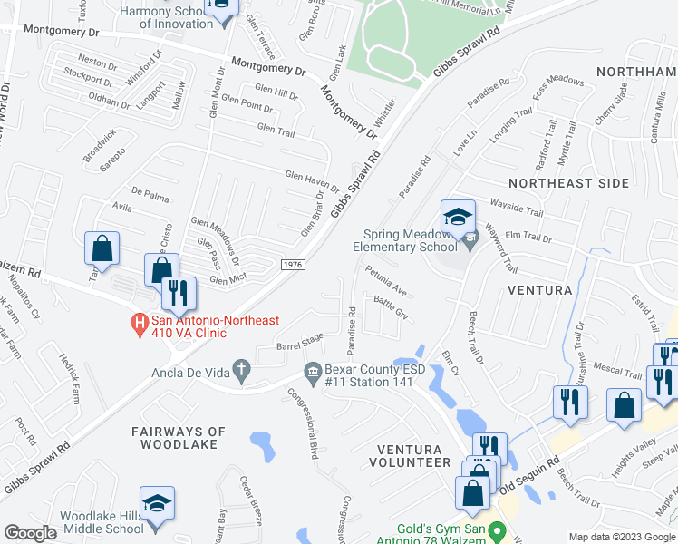 map of restaurants, bars, coffee shops, grocery stores, and more near 7538 Branching Peak in San Antonio