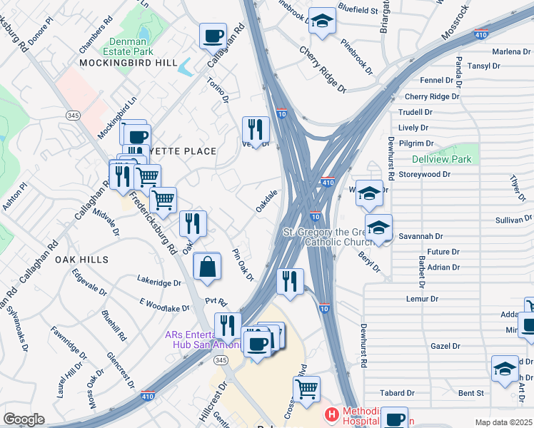 map of restaurants, bars, coffee shops, grocery stores, and more near 3434 Oakdale in San Antonio