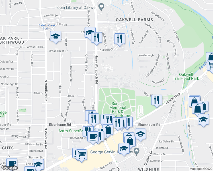 map of restaurants, bars, coffee shops, grocery stores, and more near 41 Fonthill Way in San Antonio