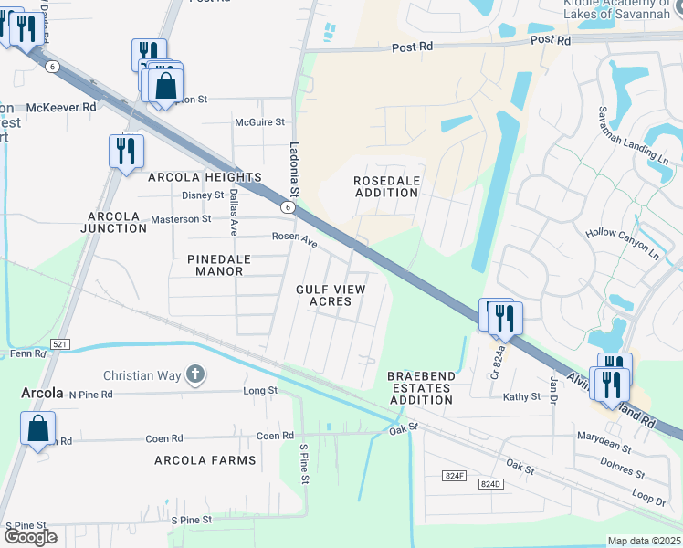 map of restaurants, bars, coffee shops, grocery stores, and more near 5710 Jerry Street in Rosharon