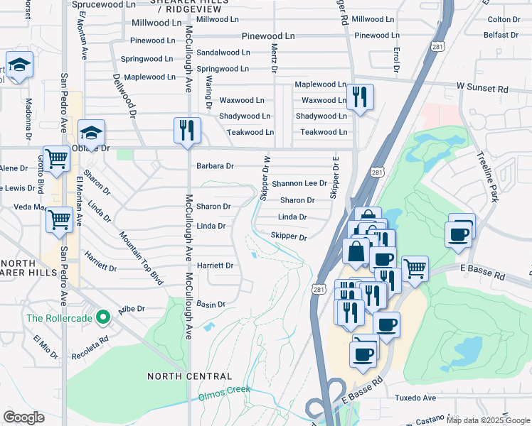map of restaurants, bars, coffee shops, grocery stores, and more near 410 Linda Drive in San Antonio