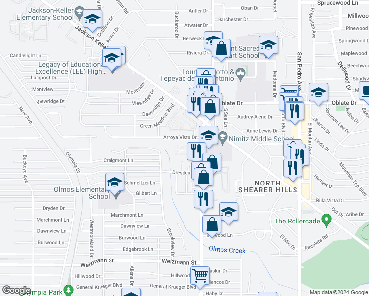 map of restaurants, bars, coffee shops, grocery stores, and more near 5320 Blanco Road in San Antonio