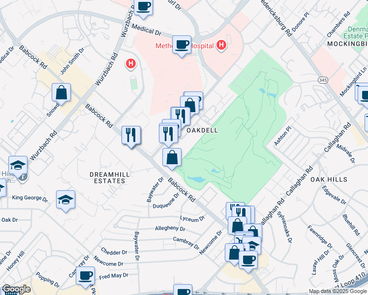map of restaurants, bars, coffee shops, grocery stores, and more near 7310 Oak Manor Drive in San Antonio