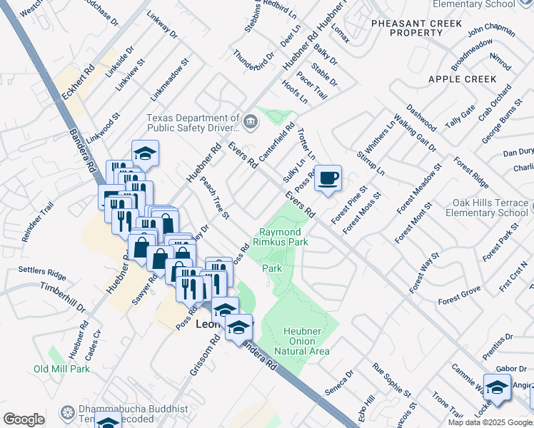 map of restaurants, bars, coffee shops, grocery stores, and more near 7110 Larksong Street in San Antonio