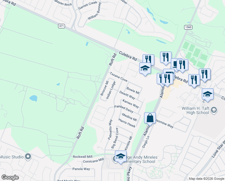 map of restaurants, bars, coffee shops, grocery stores, and more near 6742 Indian Lodge in San Antonio