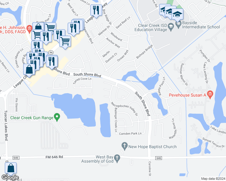map of restaurants, bars, coffee shops, grocery stores, and more near 1417 Nacogdoches Valley Drive in League City