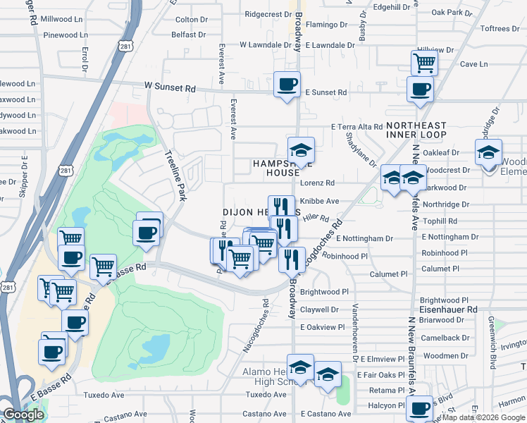 map of restaurants, bars, coffee shops, grocery stores, and more near in San Antonio