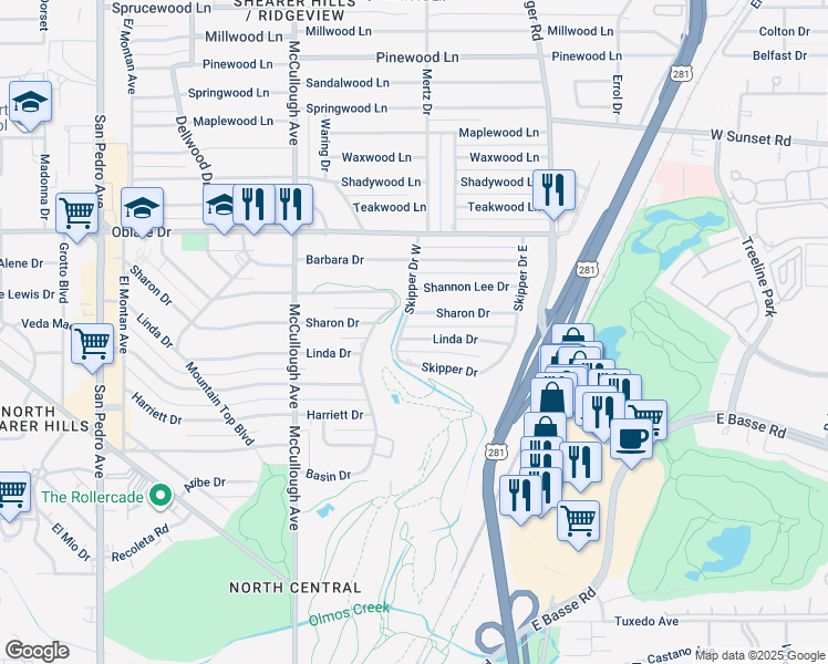 map of restaurants, bars, coffee shops, grocery stores, and more near 410 Linda Drive in San Antonio