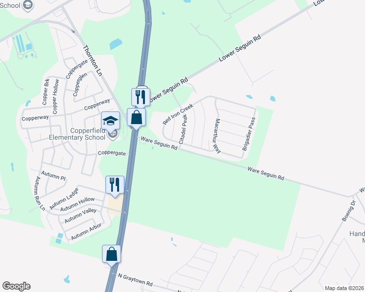 map of restaurants, bars, coffee shops, grocery stores, and more near 10303 Red Iron Creek in Converse