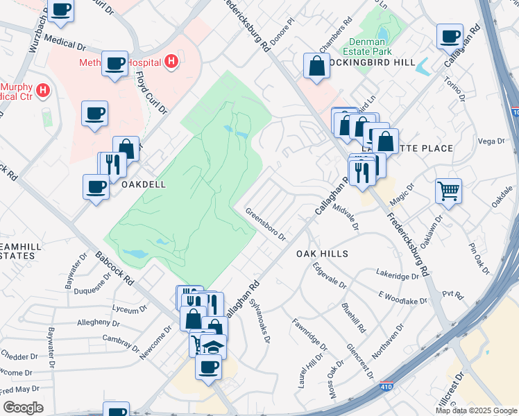 map of restaurants, bars, coffee shops, grocery stores, and more near 7207 Winterwood Pl in San Antonio