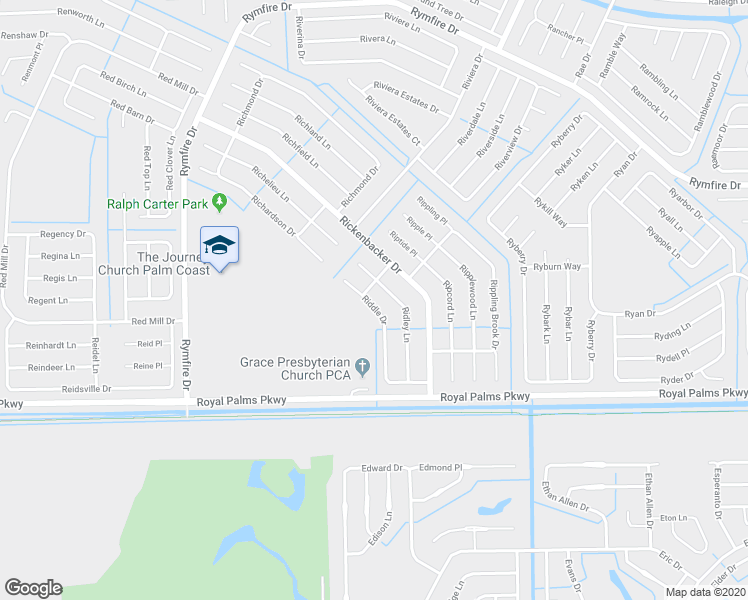 map of restaurants, bars, coffee shops, grocery stores, and more near 11 Riddle Drive in Palm Coast