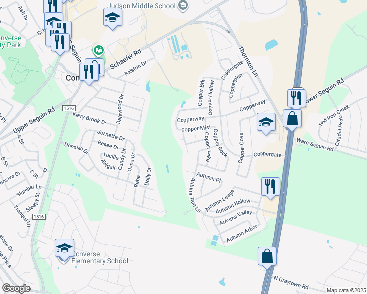 map of restaurants, bars, coffee shops, grocery stores, and more near 7515 Copper Dawn in Converse
