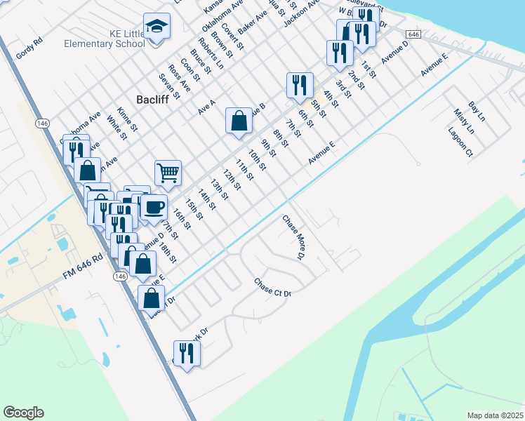 map of restaurants, bars, coffee shops, grocery stores, and more near 4824 12th Street in Bacliff