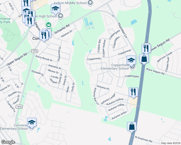 map of restaurants, bars, coffee shops, grocery stores, and more near 7515 Copper Dawn in Converse