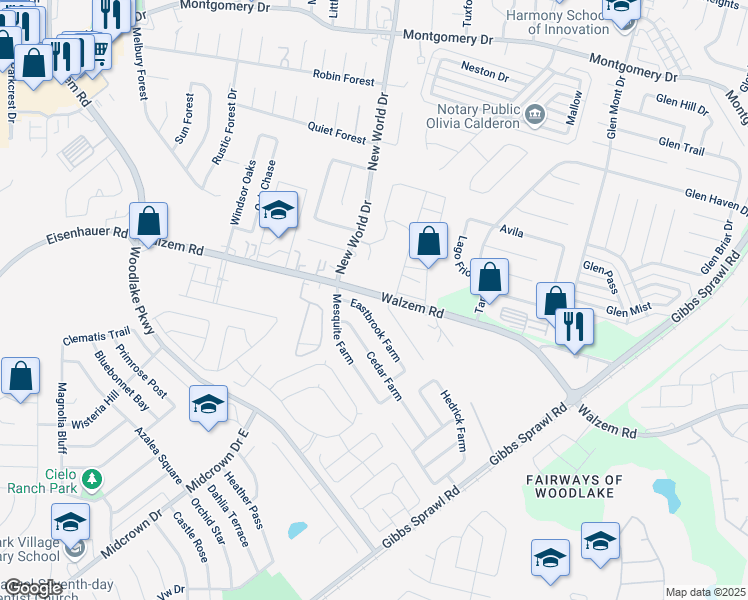 map of restaurants, bars, coffee shops, grocery stores, and more near 7778 Eastbrook Farm in San Antonio