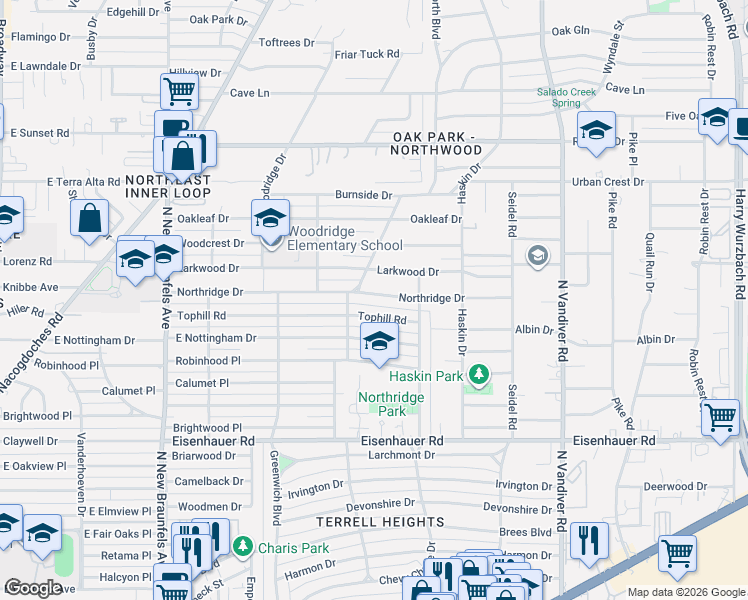 map of restaurants, bars, coffee shops, grocery stores, and more near 431 Tophill Road in San Antonio