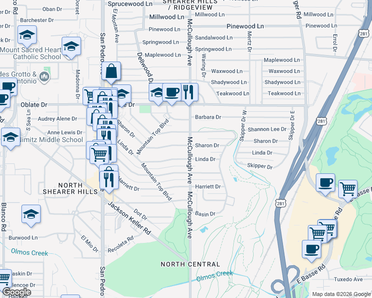 map of restaurants, bars, coffee shops, grocery stores, and more near 307 Linda Drive in San Antonio