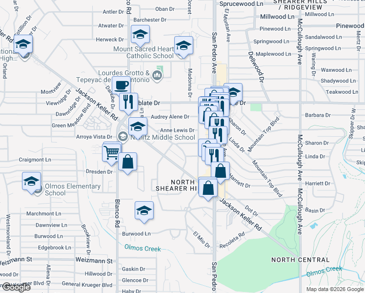 map of restaurants, bars, coffee shops, grocery stores, and more near 121 Shearer Hills Drive in San Antonio
