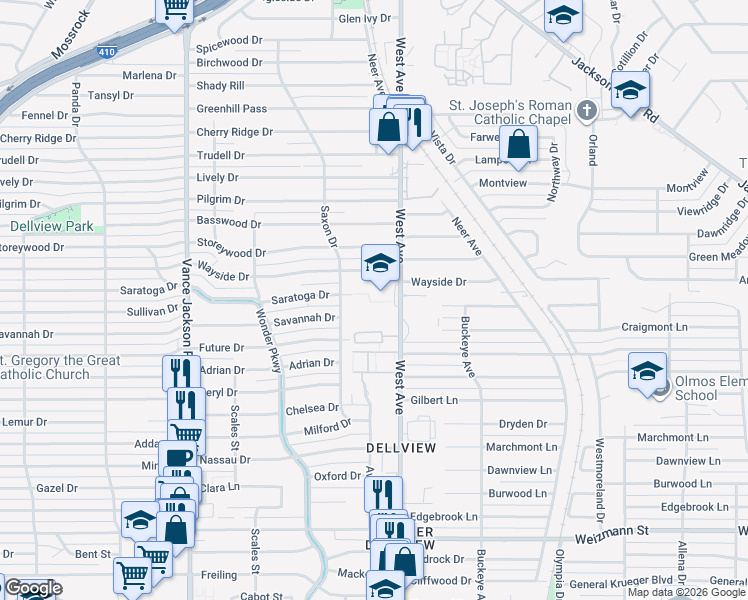 map of restaurants, bars, coffee shops, grocery stores, and more near 3835 West Avenue in San Antonio