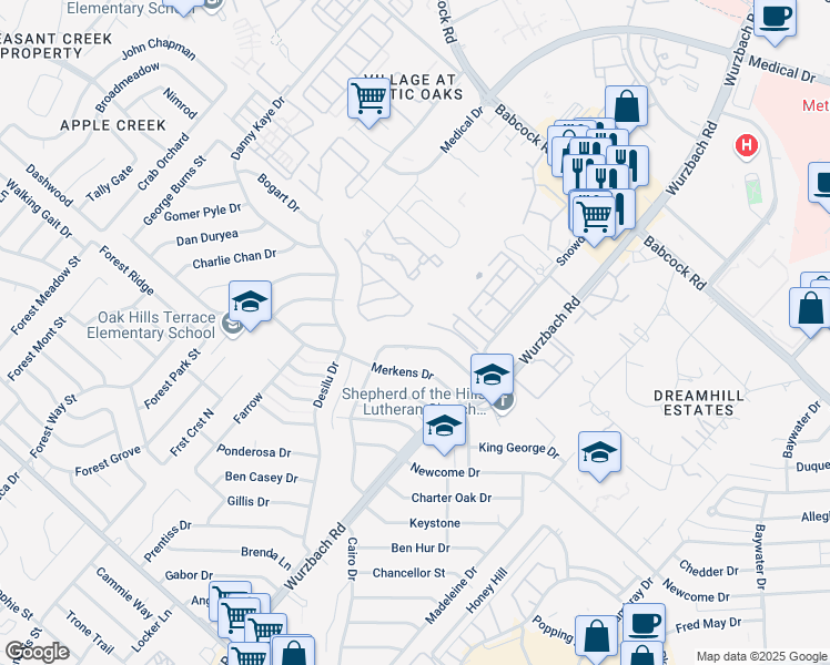 map of restaurants, bars, coffee shops, grocery stores, and more near 5407 Gary Cooper Street in San Antonio