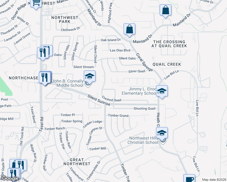 map of restaurants, bars, coffee shops, grocery stores, and more near 8515 Water Quail in San Antonio