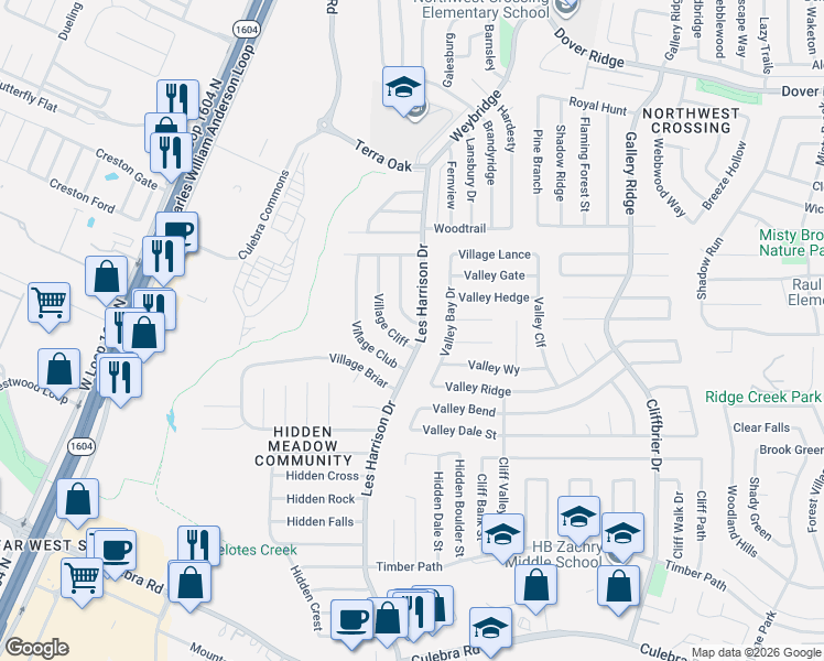 map of restaurants, bars, coffee shops, grocery stores, and more near 6214 Les Harrison Drive in San Antonio