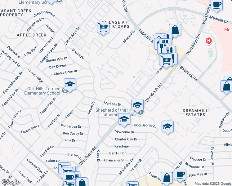 map of restaurants, bars, coffee shops, grocery stores, and more near 5407 Gary Cooper Street in San Antonio