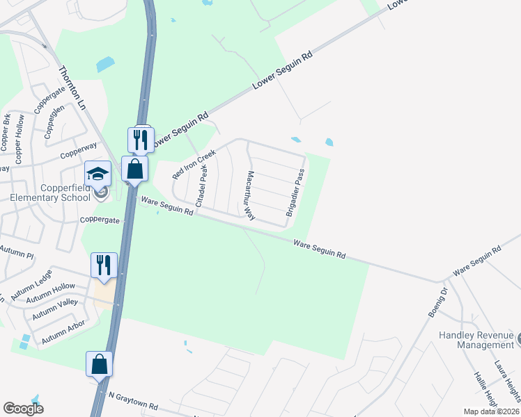 map of restaurants, bars, coffee shops, grocery stores, and more near 10433 Macarthur Way in Converse