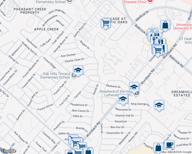 map of restaurants, bars, coffee shops, grocery stores, and more near 5611 Merkens Drive in San Antonio