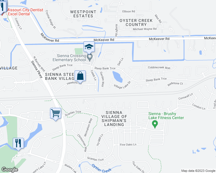 map of restaurants, bars, coffee shops, grocery stores, and more near 3611 Hill Family Lane in Missouri City
