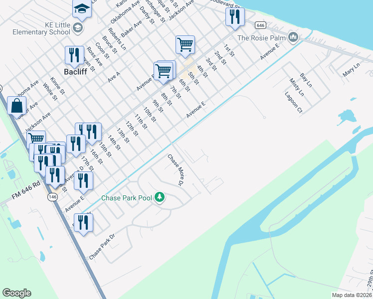 map of restaurants, bars, coffee shops, grocery stores, and more near 4835 Chase More Drive in Bacliff
