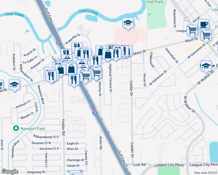 map of restaurants, bars, coffee shops, grocery stores, and more near 170 Highland Terrace Drive in League City