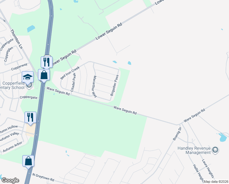 map of restaurants, bars, coffee shops, grocery stores, and more near 7612 Brigadier Pass in Converse