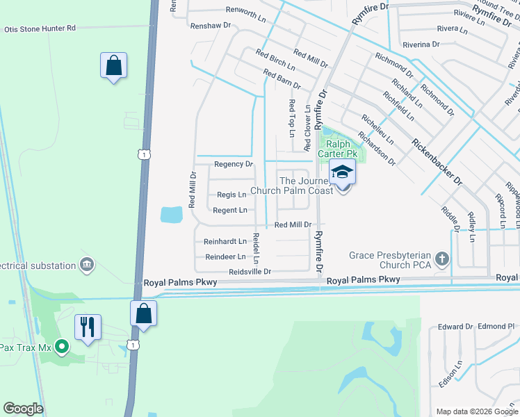 map of restaurants, bars, coffee shops, grocery stores, and more near 1 Regency Drive in Palm Coast