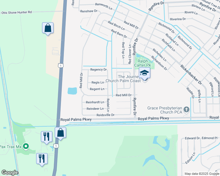 map of restaurants, bars, coffee shops, grocery stores, and more near 1 Regency Drive in Palm Coast
